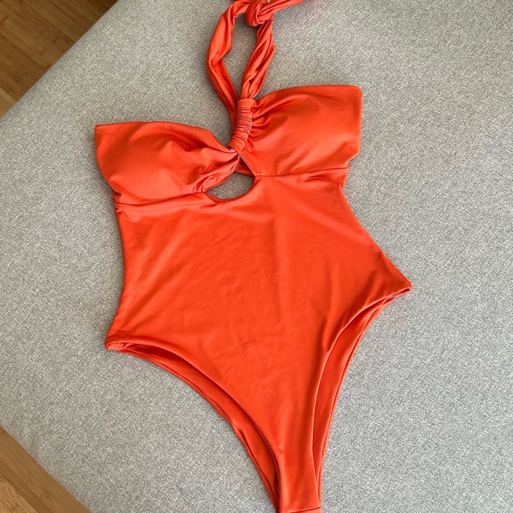 NWOT Vibrant Orange One-Piece Swimsuit with Halter Neck Size L